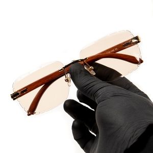 Tan Tint Rimless Mens Woodgrain Gold Frame Brown Gem Cut Hip Hop Sunglasses